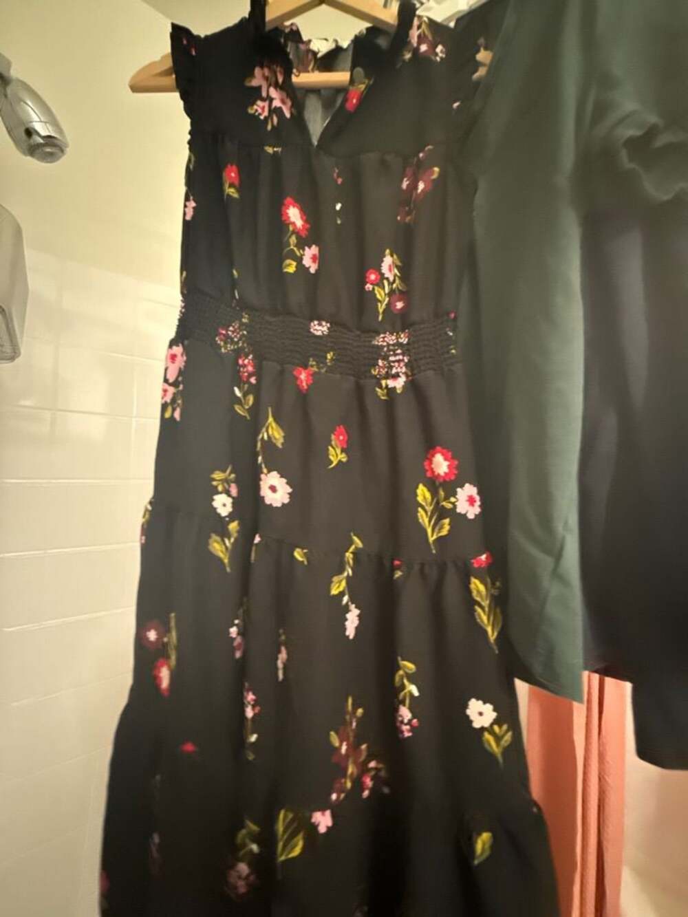 A New Day Black Floral Smocked Waist Ruffle Midi Dress